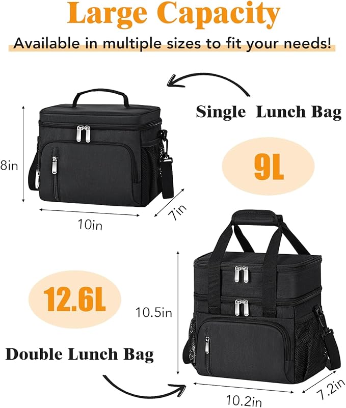 Insulated Lunch Bag for Men & Women - Leakproof Lunch Box Soft Cooler Tote, Adjustable Strap, Reusable Lunch Box for Work Office Picnic Beach Travel-Black