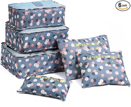 6 PCS Packing Cubes,Multi-functional Clothing Sorting Packages,Travel Carry On Luggage Organizers Storage Bags,Travel Packing Pouches, Blue Flower