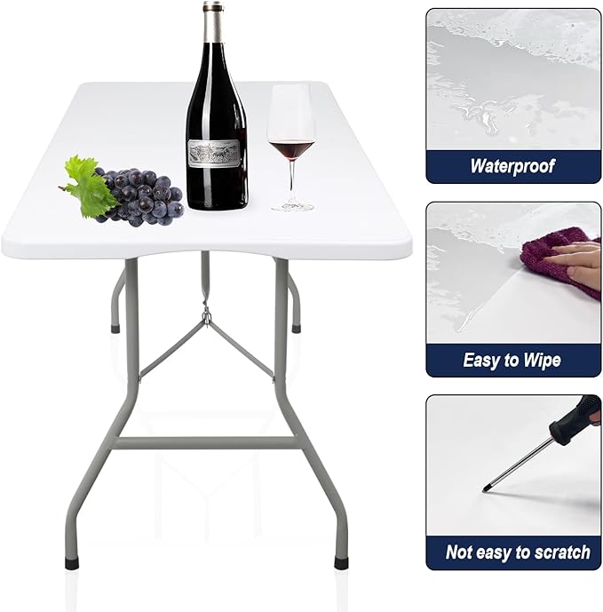 70.8" W X 29" D X 29" H - 6 ft Folding Table White Portable Heavy Duty Plastic Fold-in-Half Utility Foldable Table for Camp，Picnic & Party