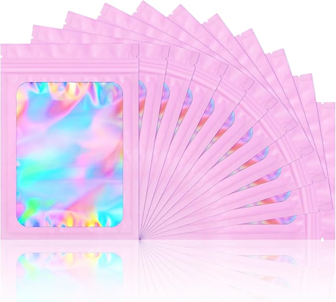 100 Pack Smell Proof Bags- Resealable Mylar Holographic Packaging Pouch Bag with Clear Window for Food Storage Eyelash Jewelry Electronics Storage (Pink, 3.5 x 4.7 Inch)