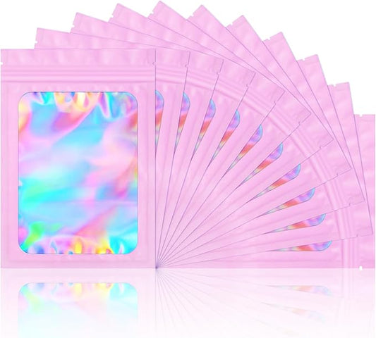 100 Pack Smell Proof Bags- Resealable Mylar Holographic Packaging Pouch Bag with Clear Window for Food Storage Eyelash Jewelry Electronics Storage (Pink, 3.5 x 4.7 Inch)