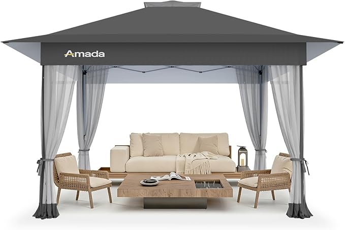 Amada 13x13 Pop Up Gazebo for Backyard & Patio Furniture,Gazebos on Clearance with Wheeled STO-N-Go Cover Bag,Carpa Pop Up Tent Party Tent and Shelter with Mosquito Netting for Lawn,Garden,Deck,Grey