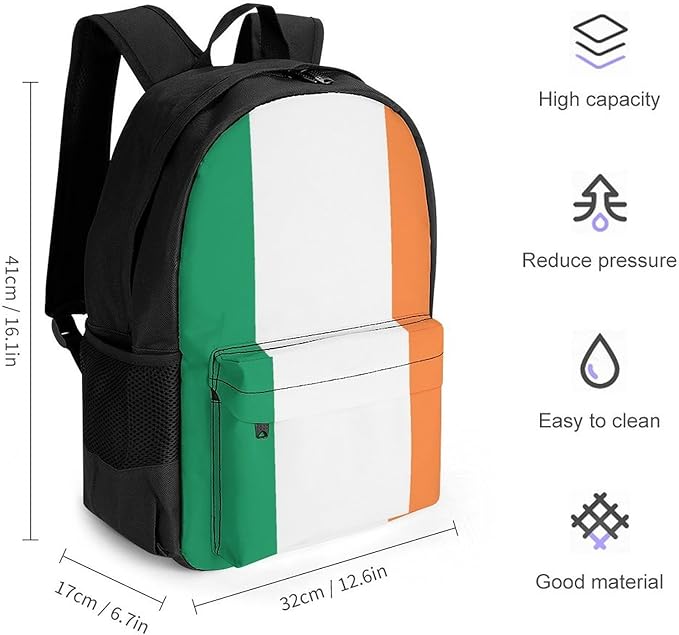 Rucksack Multipurpose Anti-Theft Big Capacity Shoulder Bag, Ireland Flag Travel Hiking Camping Rucksack With Side Pockets