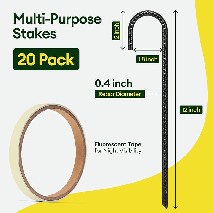 12 Inch Rebar Stakes Heavy Duty 20 Pack, J Hook Ground Stakes, Galvanized Steel Trampoline Stakes, Tent Anchor Kit Anti-Rust, Drip Hose Wind Stakes, Black