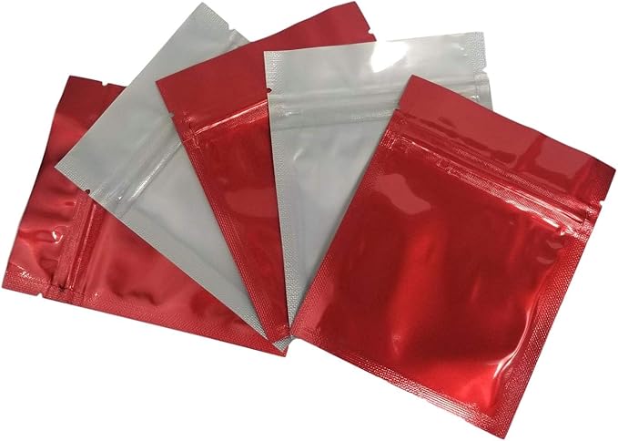 Clear Front Resealable Red Mylar Bags - 5 Mil - 3.5" x 4.5" Zip Seal Heat Sealable Odor Proof Pouch for Herbs Food Vitamins Gummies Snacks Storage Container (100 or 3000) (100)