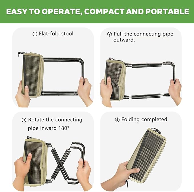2-in-1 Collapsible Camping Stool & Sling Bag / 220LB Load Capacity Folding Portable Fishing Stool/Collapsible Stool for Camping, Hiking, Fishing, Gardening & Beach Outdoor Activities (Khaki, L)