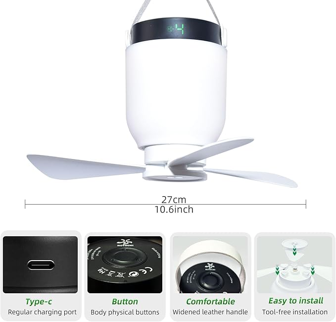 HOYECHI Camping Accessories Fan with Light - Portable Rechargeable Tent Fan with 8000mAh Battery, Remote Control & Hanging Hook - Cool Camping Gear for Tents, Outdoor, RV & Car Essentials