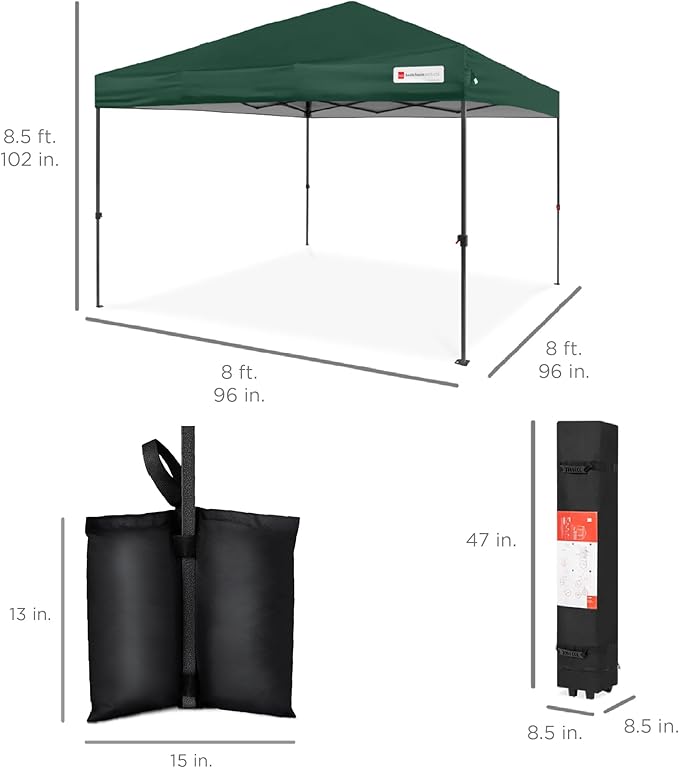 Best Choice Products 8x8ft Pop Up Canopy Tent, Outdoor Shade, 1 Person 1 Minute Set Up, Carry Case, 4 Weight Bags - Dark Green
