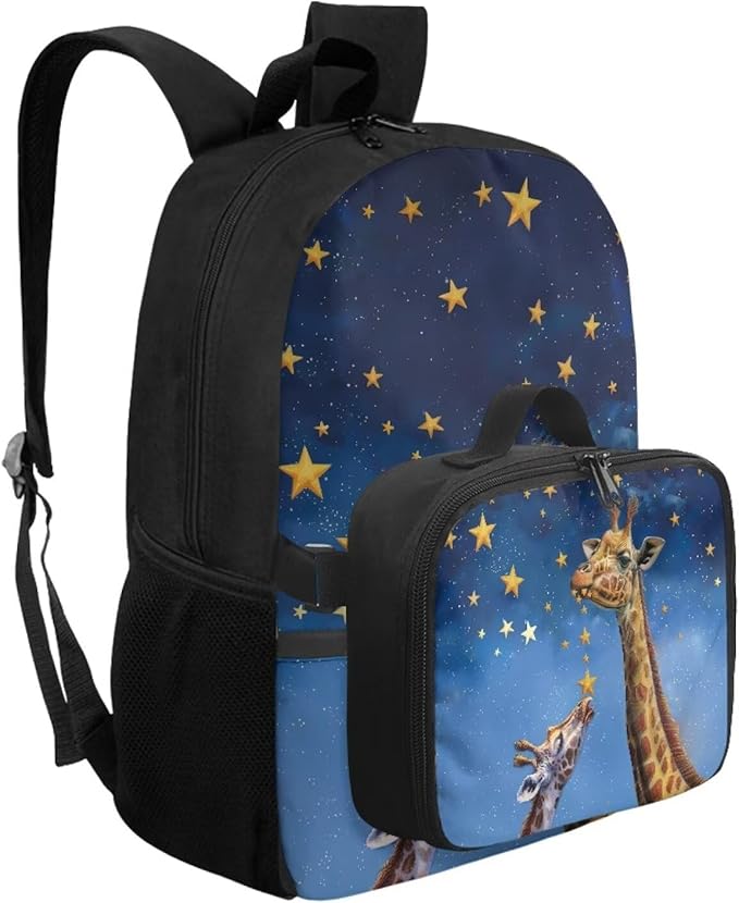 HUGS IDEA Star Giraffes Backpacks for Girls with Lunchbox Cute Book Bag for Toddler Gils Lightweight Kindergarten Preschool School Bag Kids Back Pack Students Bookbag for Camping Hiking