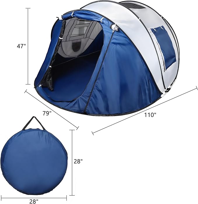 Instant Camping Tent 4 Person Pop Up Portable Instant Cabin Tent with 1-Minute Setup Lightweight Tent for Camping Beach Outdoor Travel Backyard Blue