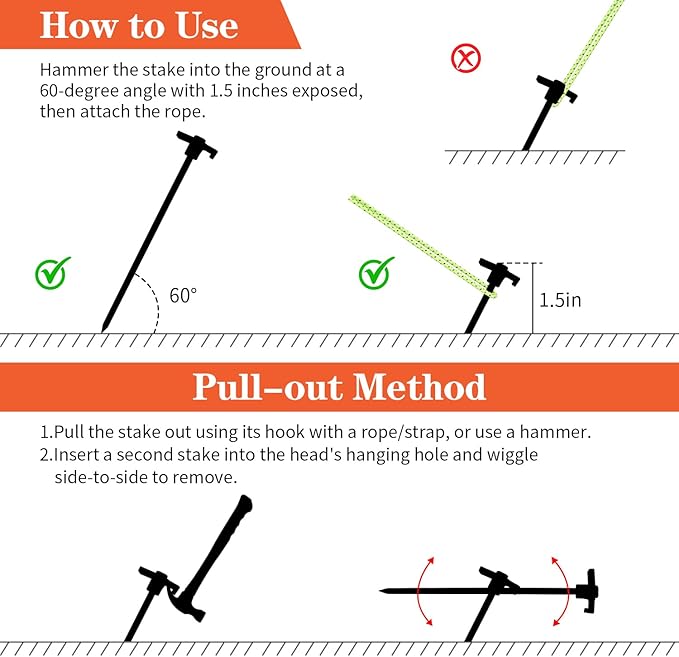 10 Pack 10in Heavy Duty Tent Stakes and Hammer Set, with Storage Pouch, for Outdoor Camping Tent, Tarp, Canopy, Picnic, Shade