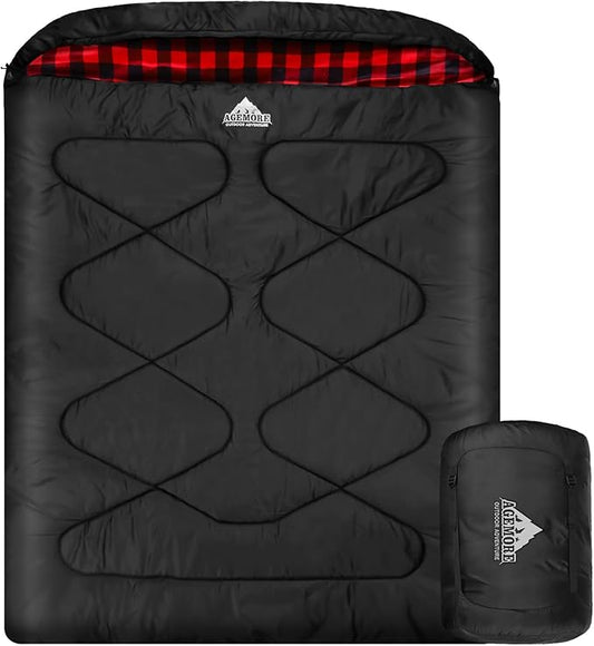 AGEMORE Cotton Flannel Double Sleeping Bags for Adults, Cold Weather Waterproof Queen Size Sleeping Bag, 2 Person Double Wide Warm Sleeping Bag for Family or Couples Outdoor Camping or RV Traveling