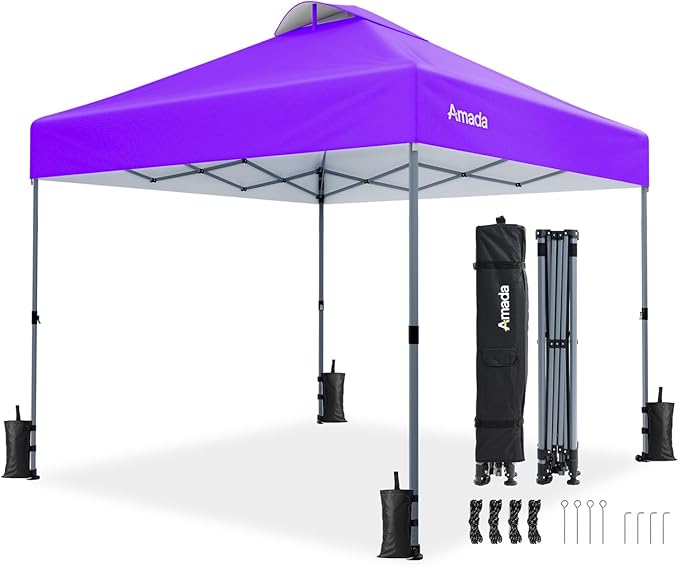 Amada 10x10 Pop Up Canopy - Center Lock One Push Instant Setup Gazebo Outdoor Canopy Beach Tent with STO-N-Go Bag 8 Stakes & 4 Sand Bags, 3-Height Adjustable Shade Shelter (10x10ft, Purple)