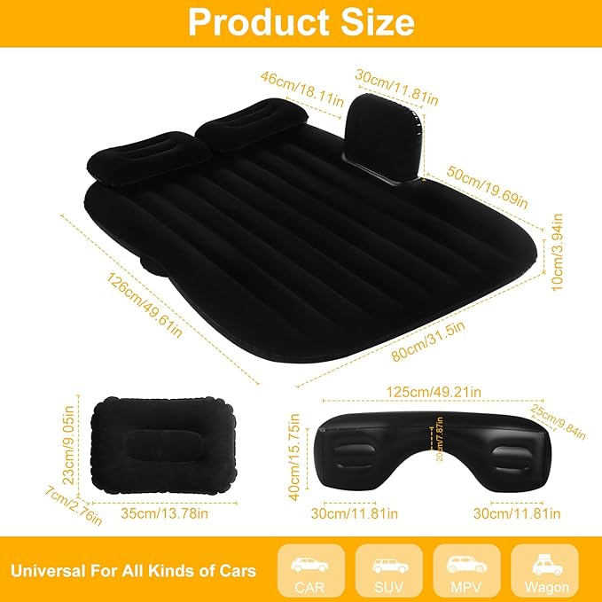 Car Air Mattress Portable Car Bed Back Seat Camping Bed Inflatable Dog Bed for Car Universal SUV Camping Mattress with Car Air Pump 2 Pillows (Black)