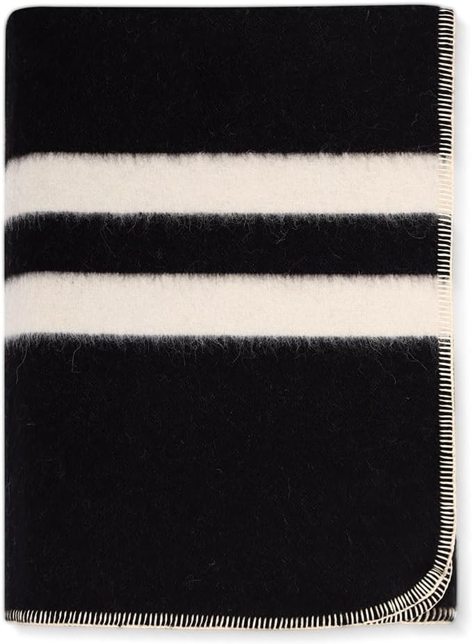 Thick Alpaca Wool Blanket Heavyweight for Camping Outdoors or Using Indoors | Soft Peruvian Alpaca Wool Blankets (Black - Ivory Stripes, Queen)