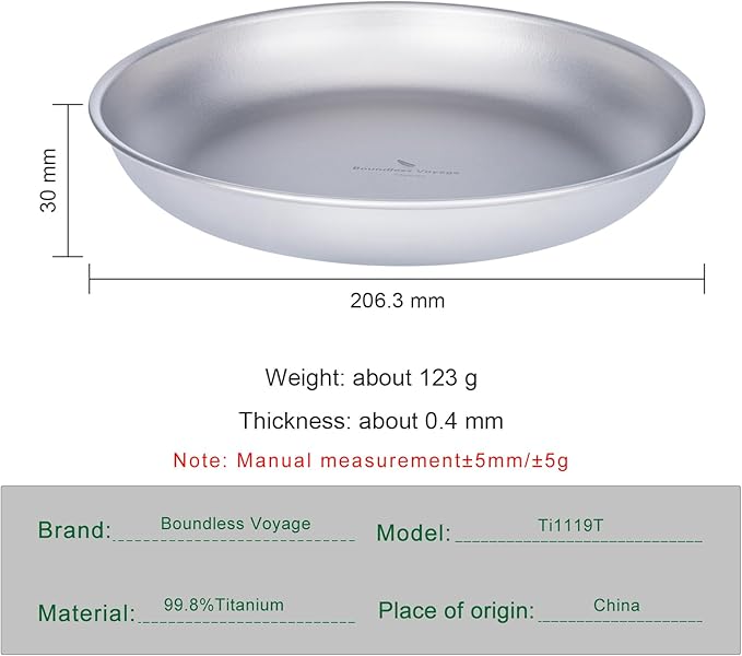 Boundless Voyage Titanium Camping Plate Dishes Saucer Lightweight Round Dinnerware Set Stackable Serving Plates Pasta Plates Travel Outdoor Home Kitchen Tableware Set Ti1119T