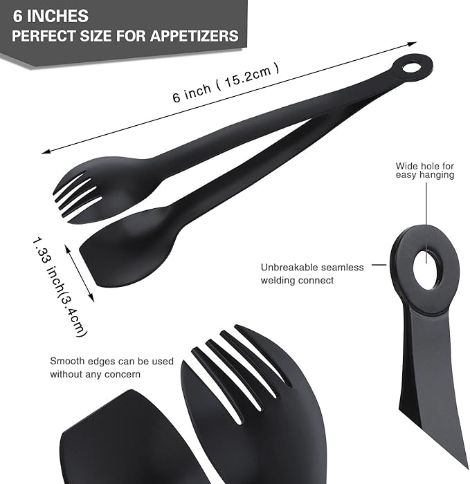MSY BIGSUNNY Small Serving Tongs - 6 Inches Premium Stainless Steel Appetizer Tongs, Set of 4 (Black, 6")
