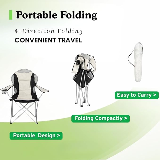 Portable Camping Chair with Back Support, Folding Outdoor Padded Lawn Chair with Cup Holder Storage for Hiking, Lawn, Concert, Fishing, Iron Frame, 600D Fabric