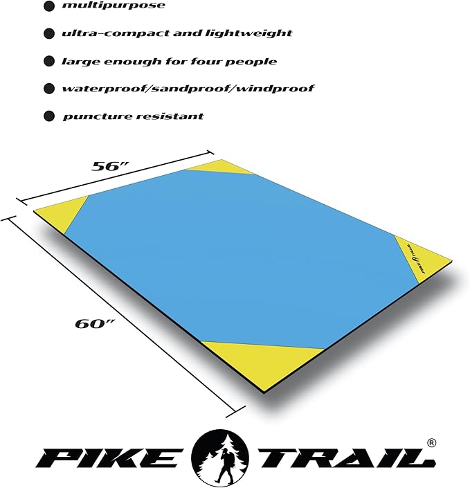 Pike Trail Pocket Beach Blanket (60 in X 56 in) Lightweight, Sand-Proof, Waterproof Picnic Blanket for Hiking, Camping, Picnics, Travel and Beach Trips
