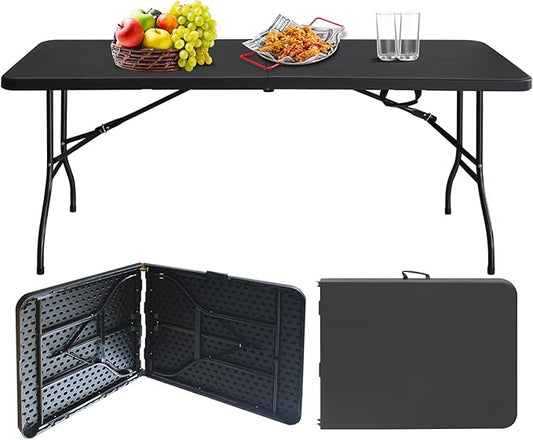 Portable Plastic Folding Table 4ft/6ft/8ft Heavy Duty White Black Picnic Dining Table Fold-in-Half for Camp Party Kitchen Indoor Outdoor