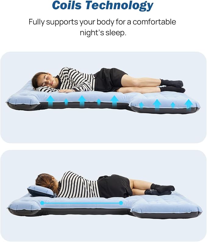 JOYTUTUS Upgraded Light Version Truck Bed Air Mattress for Camping, Thicken Inflatable Mattress for 6.4-6.7Ft Full Size Regular Bed,with Built-in Cup Holder&2 Inflatable Pillow,Grey Blue