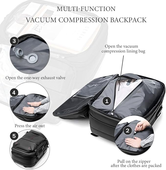 Vacuum Backpack for Travel, 60L Expandable Vacuum Compression Bag with Electric Vacuum Pump, Water Resistant and Anti Theft, Space Saver Bags for Travel Camping (Grey)