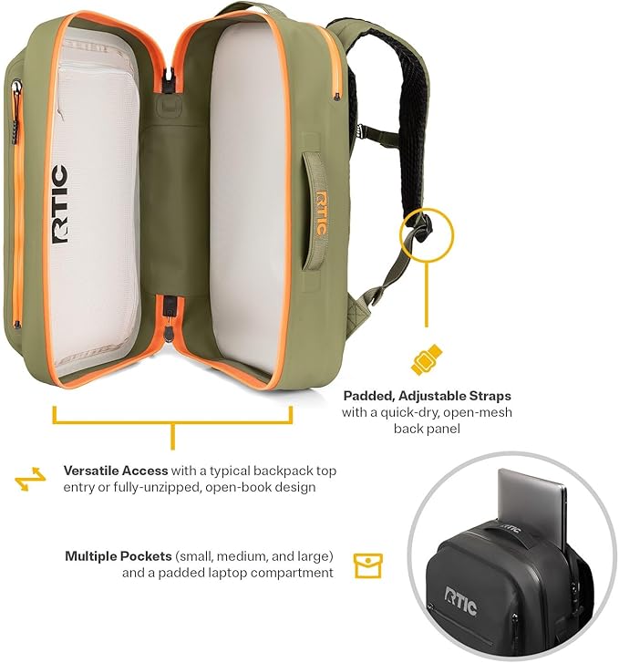 RTIC Ultra Dry Backpack, Waterproof Outdoor Floating Bags for Hiking, Travel, Camping, Boating, Backpacking, 26L, Olive & Orange