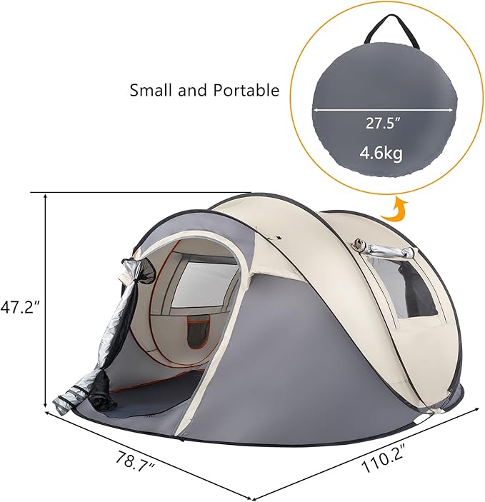 4-Person Pop Up Camping Tent, Waterproof & Windproof, Instant Setup with Windows & Ventilation, Beige and Gray, Lightweight Portable for Family Camping, Hiking, and Backpacking