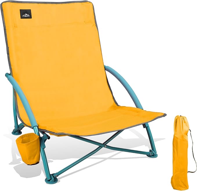 NORTHROAD Low Folding Beach Chair,Portable Lightweight Lowback Sling Chair, Outdoor Low Seat Camping Chair w/Cup Holder & Carry Bag for Sand Camping Lawn Picnic Festival,Orange