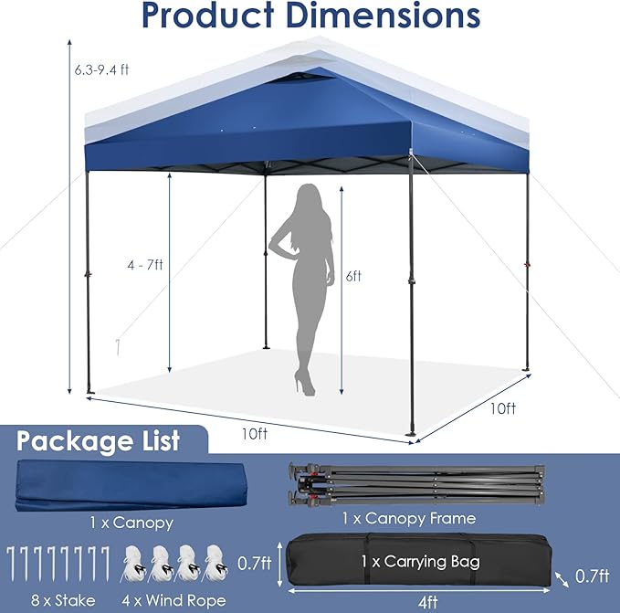 Tangkula 10x10 Ft Pop Up Canopy, Easy Set-up Instant Tent with Center Lock, Carry Bag, Rotatable Feet, 8 Stakes, 4 Ropes, Outdoor Canopy Tent for Beach, Camp, Patio, Market (Blue)