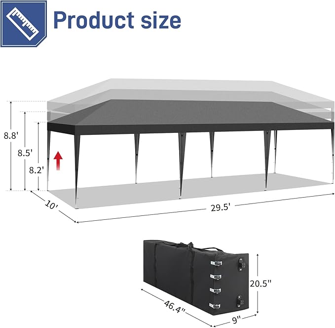 Outvita 10x30ft Ez Pop Up Canopy, Portable Instant Canopy Tent with 8 SideWalls for Outdoor Events, Party, Wedding, Birthday,Graduation(Dark Gray, 10x30ft)