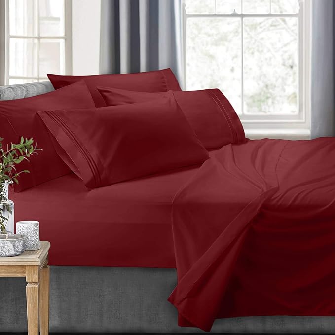 Clara Clark RV Queen Sheets, 6 Piece RV Sheets Set - Hotel Luxury Sheets for RV Bunks, Super Soft Bedding Set, Short Queen,Burgundy Red