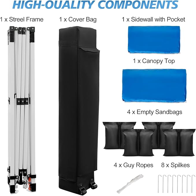WEIZE 10ft X10ft Pop Up Canopy Tent,One-Button Push Setup,Pop Up Tent with 1 Sidewall and 6 Pockets,Adjustable Height Instant Portable Shelter,4 Weight Bags,Sun Shade for Events & Beach (Blue)
