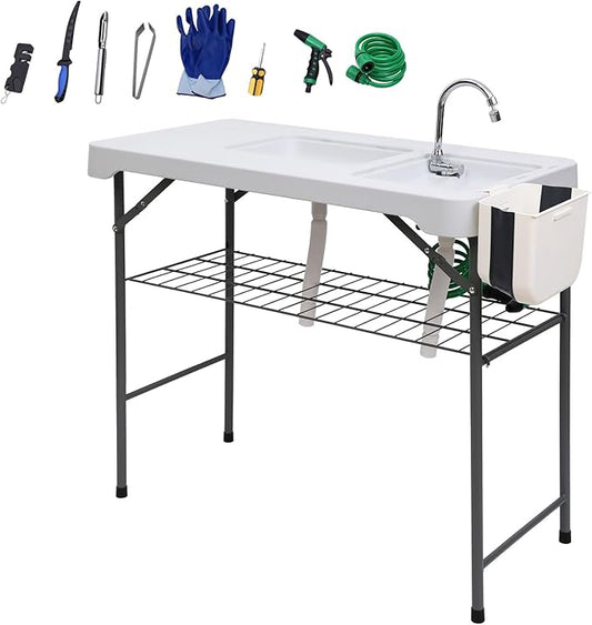 Nice C Fish Cleaning Table, Fish Cleaning Station with Sink, Fish Skinning Table, 42.5'' Camping Table, w/Dual Universal Faucet & Spray, Drainage Hoses, Grid Rack, Basket, Toolkit for Picnic, Camping