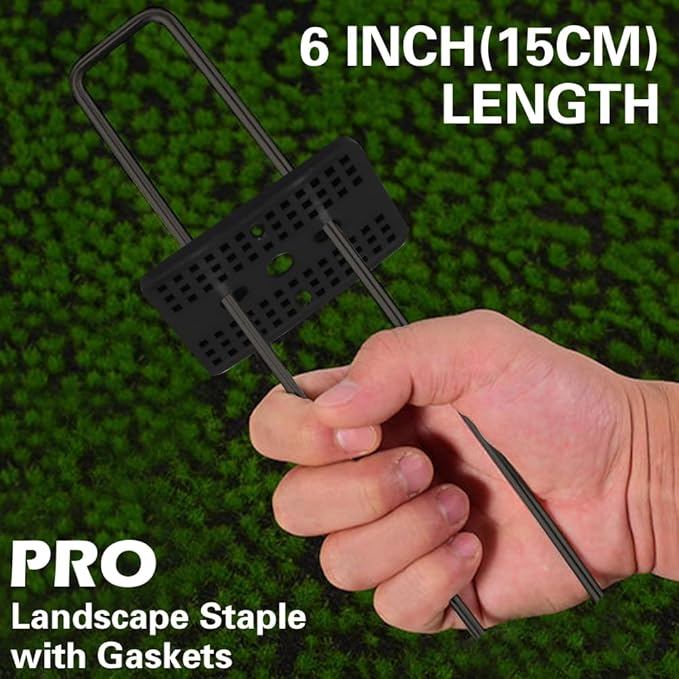 Bakulyor 50 Pcs Black Landscape Staples + 50 Pcs Buffer Washer, 6 Inch 11 Gauge Garden Stakes Anchor, U Shaped Galvanized Lawn Pins Heavy Duty Yard Ground Pin for Weed Barrier Sod Fabric Decorations