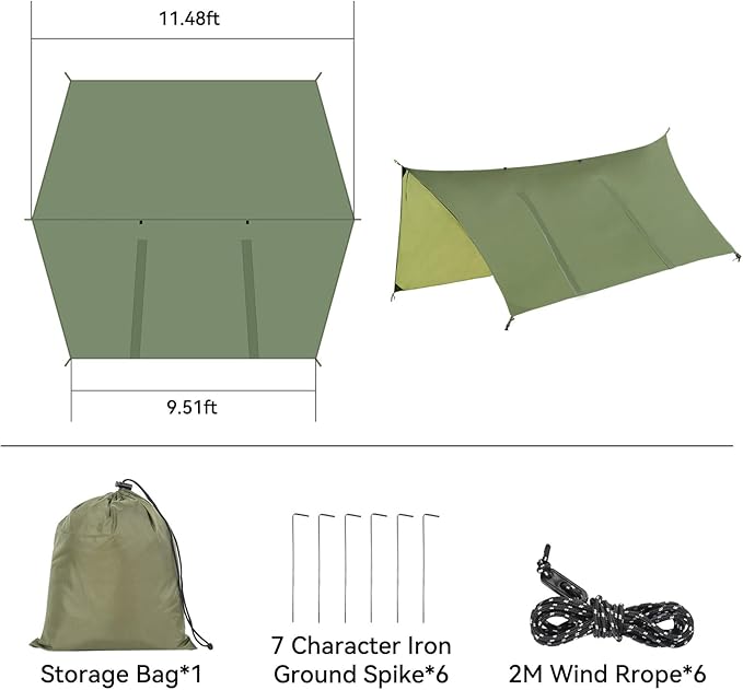 Hammock Rain Fly Tent Tarp Large Ultralight Camping Tarps Waterproof Portable Backpacking Multifunctional Rain Cover for Outdoor Hiking, Picnic, Hammock, Car, Backpacking,11.5x9.5ft