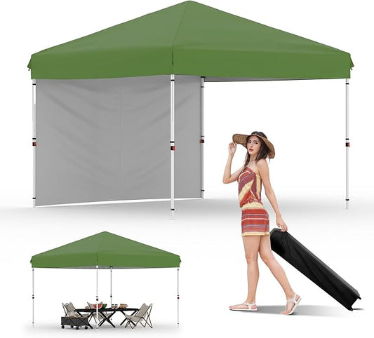10x10 Pop Up Canopy Tent Outdoor Canopy with 1 Removable Sidewall One-Person Set Up Heavy Duty Commercial Instant Tent Shelter-Green