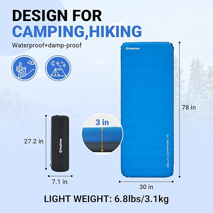 KingCamp Self Inflating Air Mattress, R 6.5 Foam Sleeping Pad for Single Adult 3" Thick Camping Mat Camping Essentials with Perforated Foam Core for Outdoor Tent Cot Car Backpacking (Blue/Charcoal)