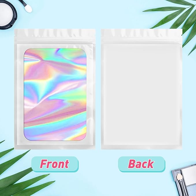 Funfery 300 Pack Smell Proof Resealable Bags for Food Storage,Holographic Bags 4x6 White Mylar Clear Packaging Bag- Scent Proof for Cookies, Zip Foil Pouch for Small Business