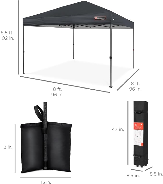 Best Choice Products 8x8ft Pop Up Canopy Tent, Outdoor Shade, 1 Person 1 Minute Set Up, Carry Case, 4 Weight Bags - Gray