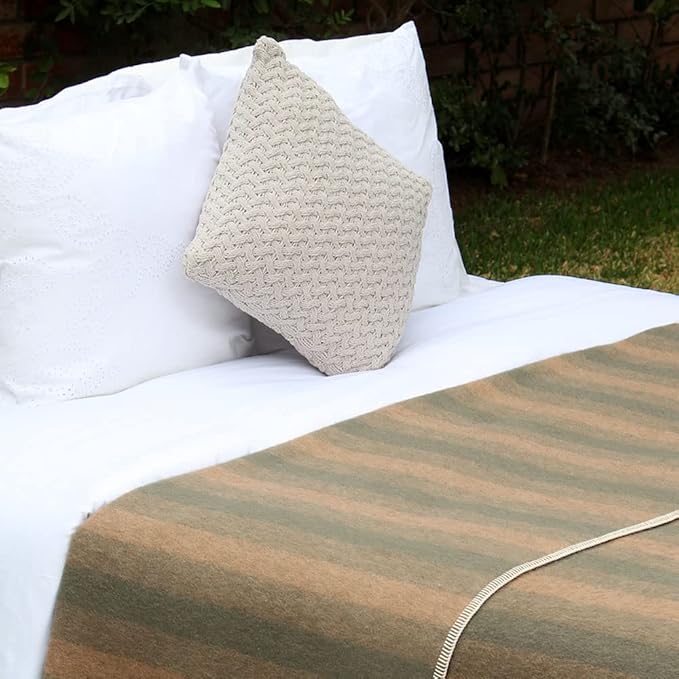 Thick Alpaca Wool Blanket Heavyweight Camping Outdoors Indoors Soft Peru Twin Size Stripes Design (Camel/Olive Green, Twin Size)