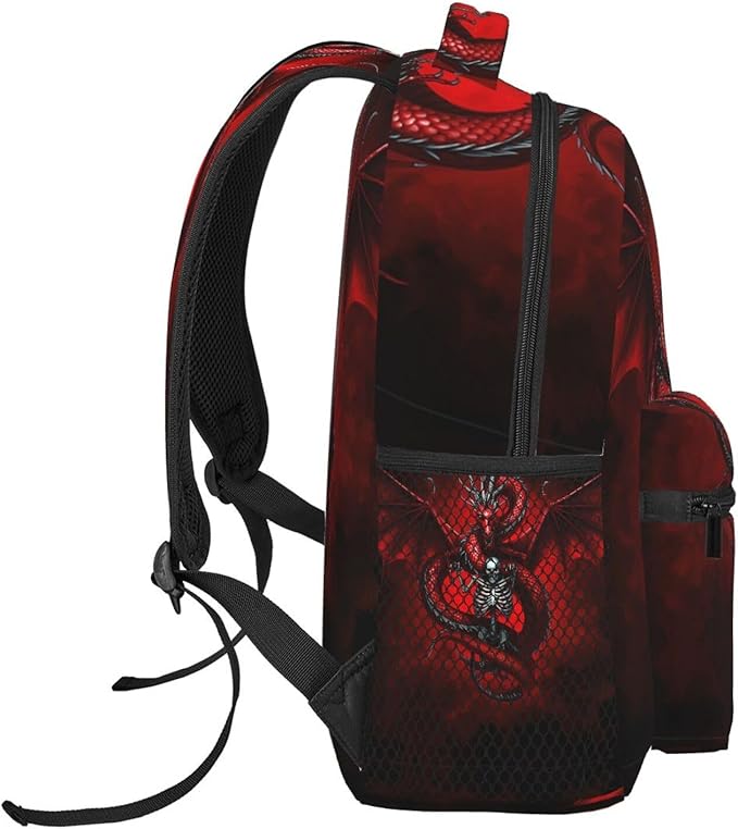Rucksack Polyester Anti-Theft Multipurpose Skull Head Red Dragon Art Bookbag Big Capacity Travel and Sport Backpack Rucksack With Side Pockets