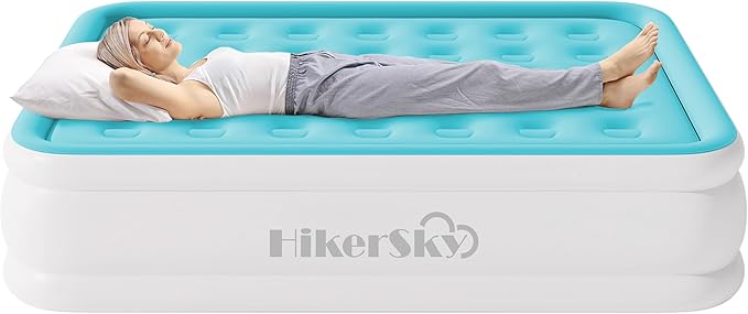 Queen Air Mattress with Built-in Pump, Single Air Bed with Portable Storage Bag, Suitable for Home and Guests, Top Flocking, 18" Queen Sky Blue