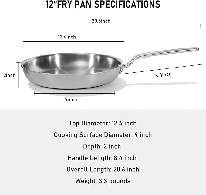 12 Inch Stainless Steel Frying Pan - 5 Ply Stainless Clad Skillet with Aluminum Core, Durable and Even Heating, Professional Cookware for Induction, All Stoves, Oven and Dishwasher Safe