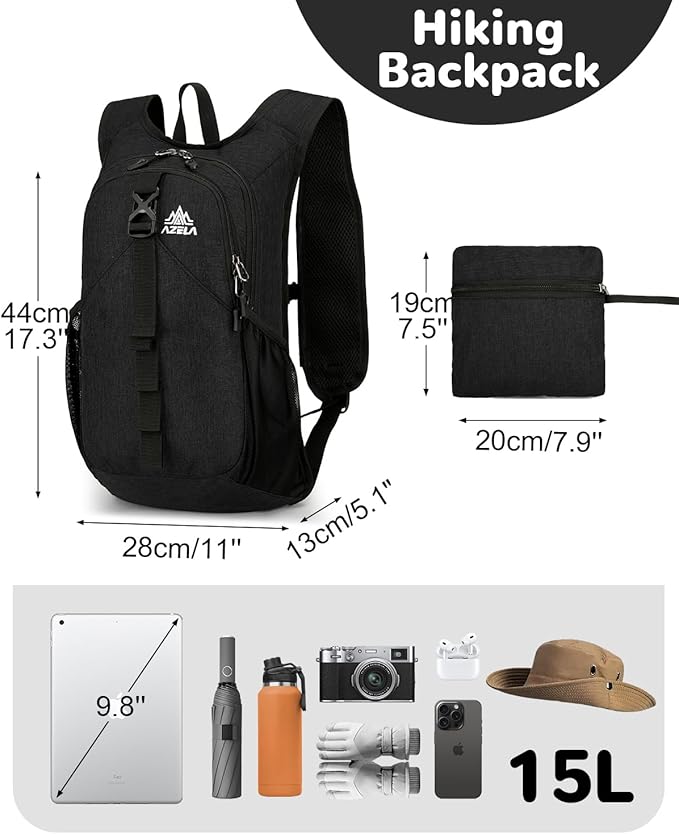 Folding Hiking Backpack with Phone Pocket for Men Women, Small Ultralight Packable Casual Daypack with Shoulder Chest Straps for Travel, 15L Foldable Lighweight Day Pack, Black