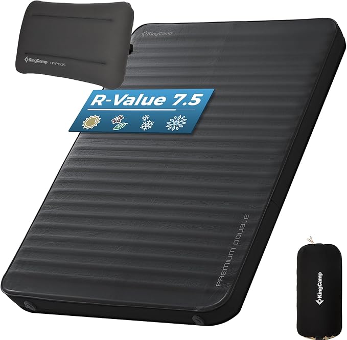 KingCamp Self Inflating Sleeping Pad, R 7.9 Air & Foam Camping Mattress 2 Person, 3" Thick Full Size Double Sleeping Pad with Pillow for Camp Tent Outdoor Car, PVC Free (Black)