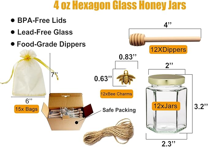 Adabocute Honey Pot, Glass Honey Jars with Wood Dipper, Gold Lid, Bee Charms, Gold Organza Bags, Thank-you Tags, Ideal for Bee Party Favors, 4oz/120ml 12 Pack