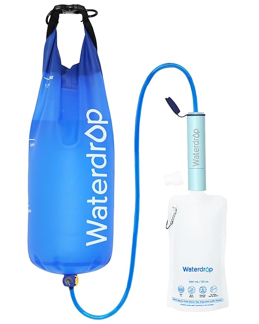 Waterdrop Gravity Water Filter Straw, Camping Water Filtration System, Water Purifier Survival for Travel, Backpacking and Emergency Preparedness, 1.5 gal Bag, 0.1 Micron, Light Blue