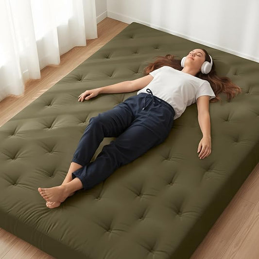 ZonLi Japanese Floor Futon Mattress Full Size 54"x75"100% Cotton Cover 6''Thicken Tatami Mattress,Foldable Sleeping Pad,Portable Dormitory Tatami Mat,Roll Up Floor Lounger Bed for Adult (Winter Moss)