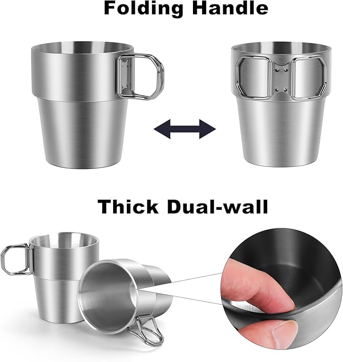 4-Pack Stainless Steel Camping Cups with Foldable Handle, 10 oz Camping Coffee Mugs with Double Wall Design, Ideal for Outdoor Activities, Travel, and Home Use
